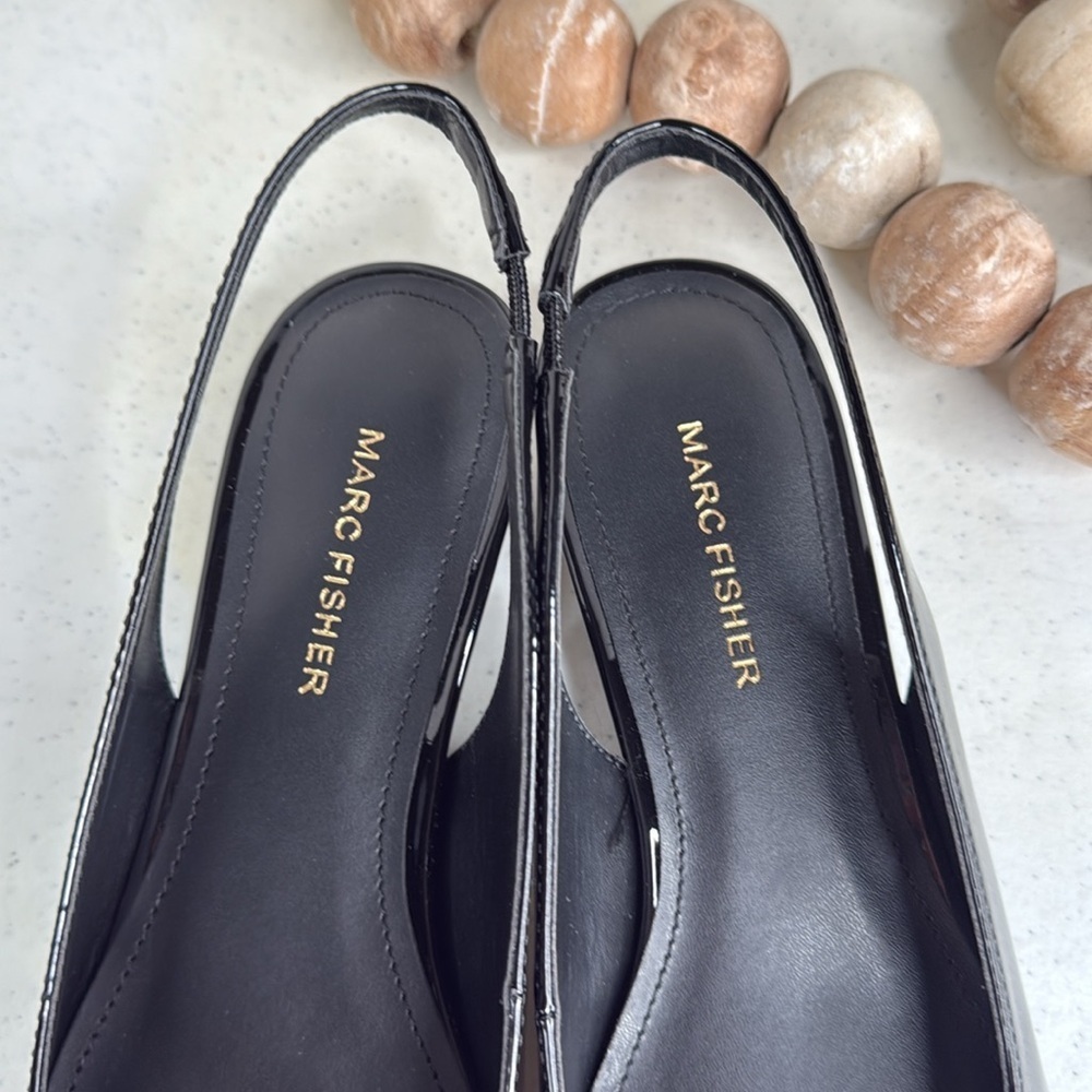Marc Fisher Black Patent Pointed Toe Slingback Flats with Bow - Picture 8 of 13